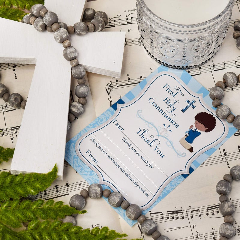 Amanda Creation First Holy Communion Religious Thank You Notes for Boys (Darker Skin, Black Hair), Ten 4" x 5.5" Fill In The Blank Cards with 10 White Envelopes by AmandaCreation - Image 5